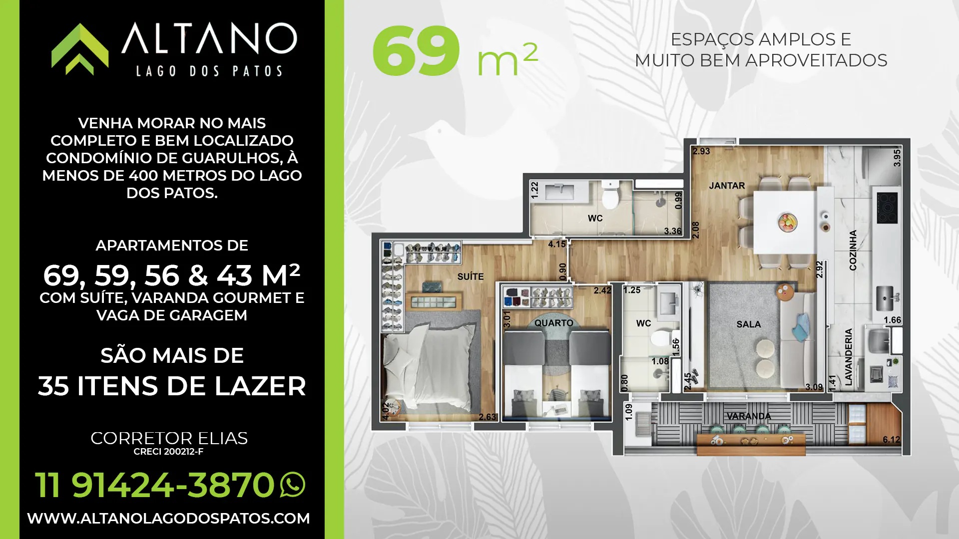 Altano Lago dos Patos | Apartamentos de 43, 56, 59 e 69 m² | Imobiliária Torrente | Apartamentos de 2 dorms com suíte e Studios, todos com varanda gourmet com churrasqueira a carvão e 1 ou 2 vagas de garagem livres e cobertas. Lazer completo. Garantia de Financiamento pela Construtora.
