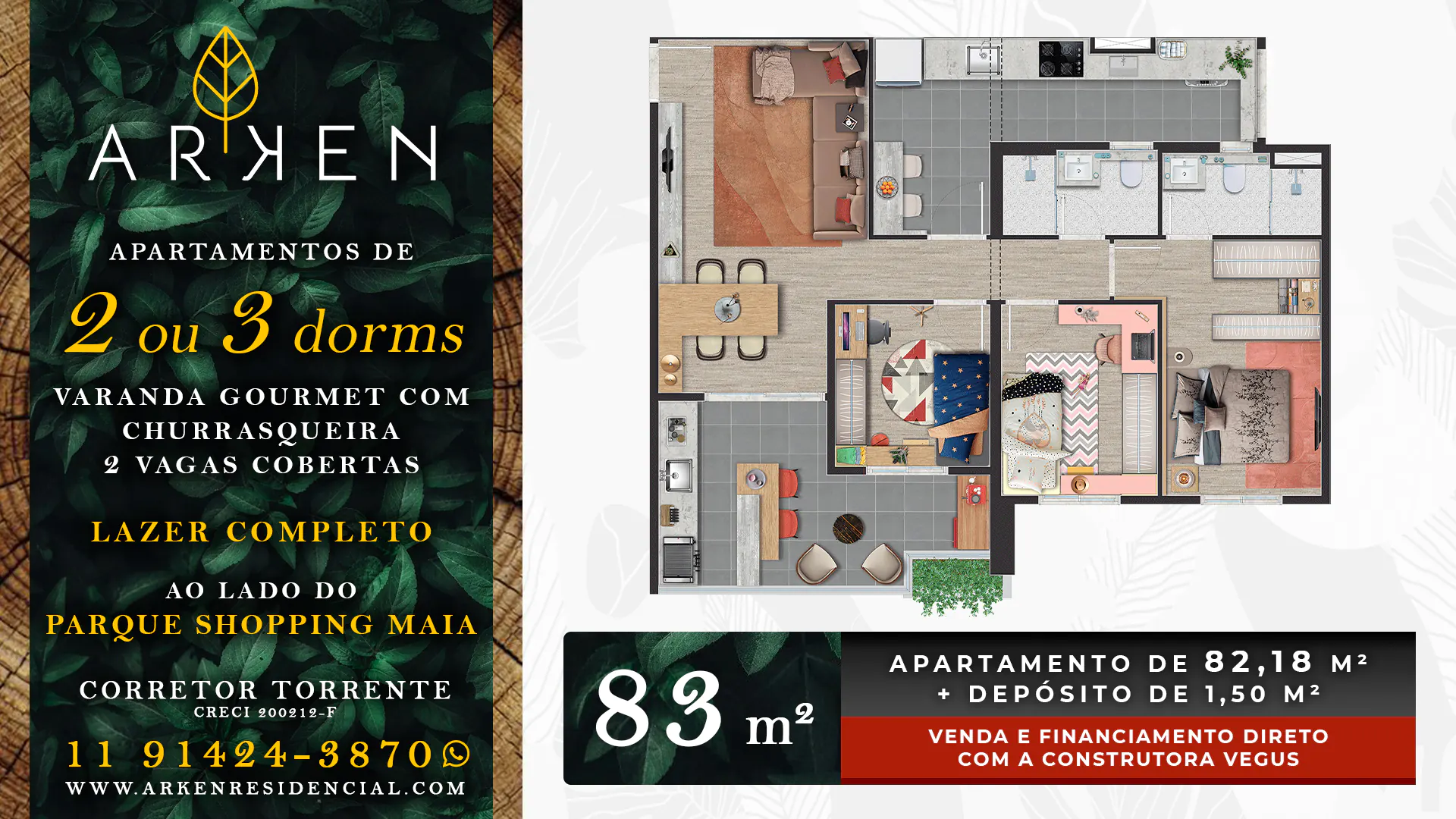 Arken Residencial | Apartamentos de 82, 75 e 66 m² com 2 dormitórios e living ampliado ou 3 dormitórios, todos com varanda gourmet com churrasqueira e jardim, 1 ou 2 vagas de garagem e depósito privativo além do lazer completo, um dos maiores condomínios clube de Guarulhos.