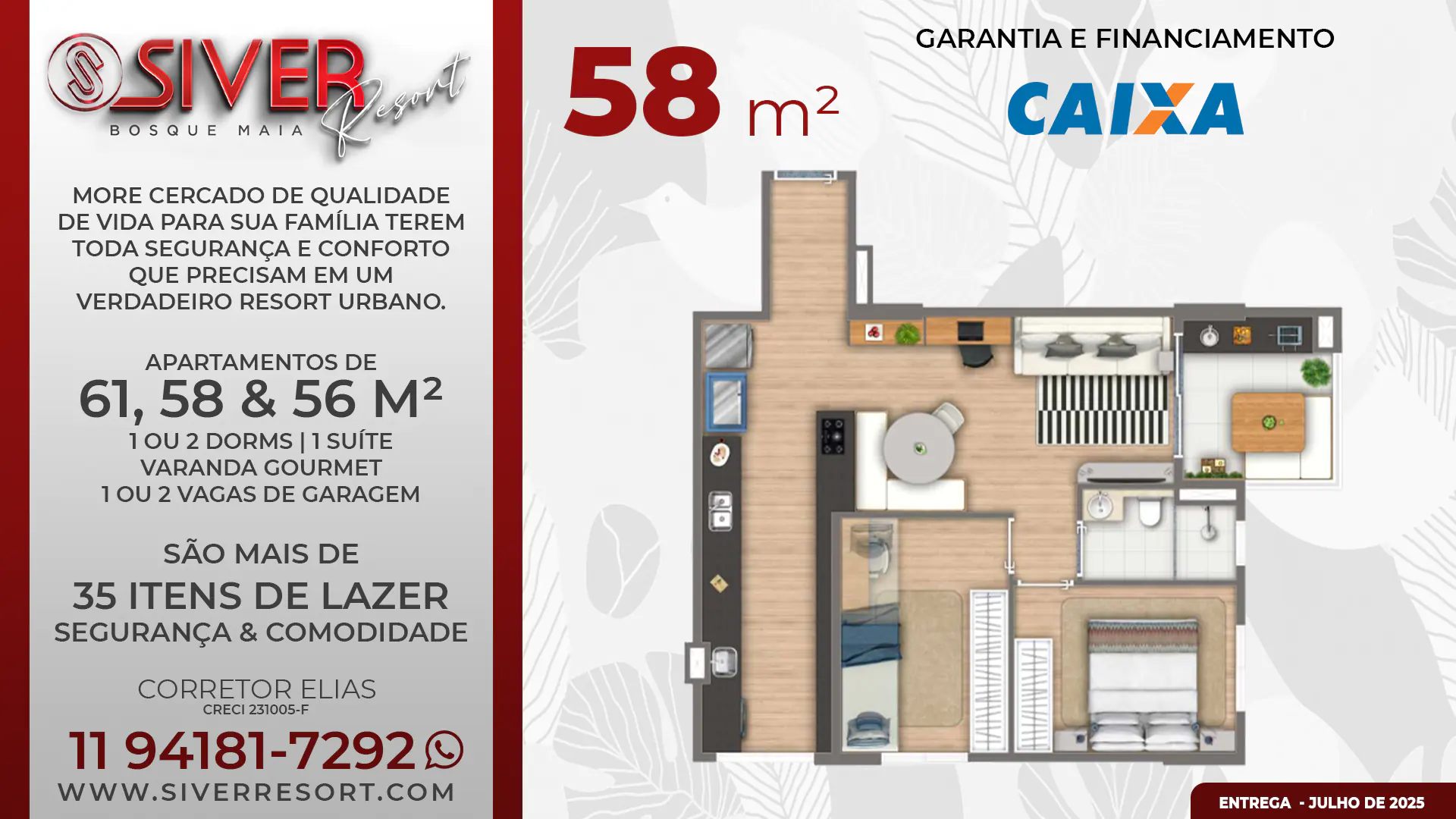Siver Resort Bosque Maia | Apartamentos de 61, 58, 56, 45 e 30 m² | Apartamentos de 1 e 2 dorms com suíte, varanda gourmet com churrasqueira a carvão e 1 ou 2 vagas de garagem livres. 35 itens de lazer, é a área de lazer mais completa de Guarulhos. Garantia e Financiamento Caixa.