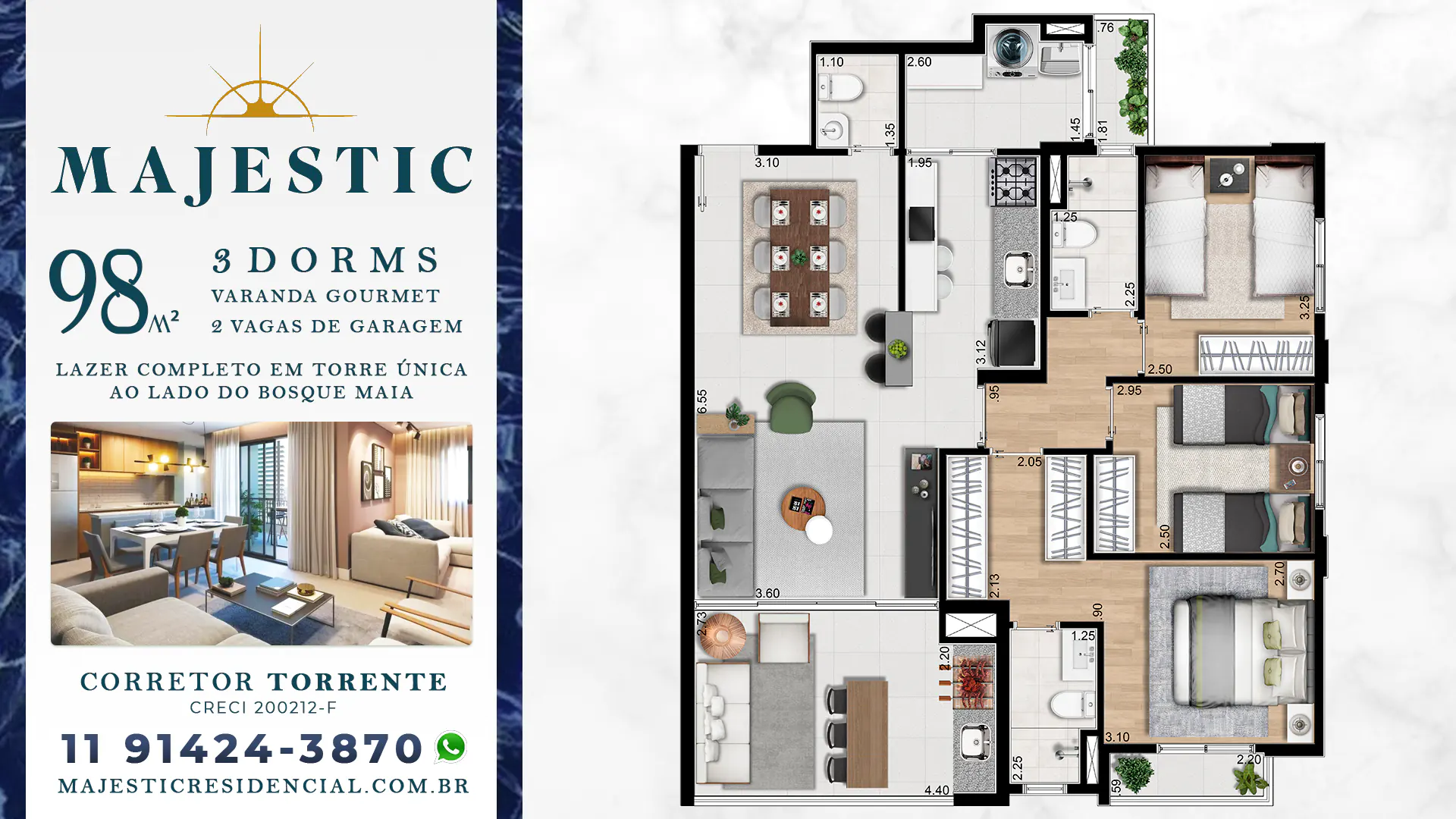 Majestic Bosque Maia | Apartamentos de 98 m² com  3 dormitórios e uma suíte ou 2 suítes em um empreendimento de torre única com lazer completo