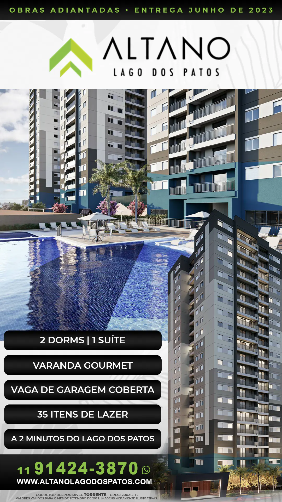 Altano Lago dos Patos || Apartamentos de 56, 59 e 69 m² com 2 dorms com suíte e Studios de 43 m², todos com varanda gourmet com churrasqueira a carvão e 1 ou 2 vagas de garagem livres e cobertas || Lazer completo || Garantia de Financiamento pela Construtora