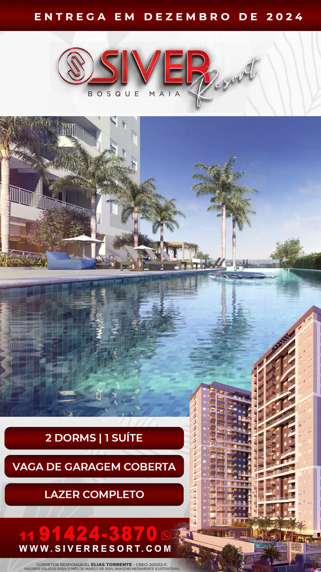 Siver Resort Bosque Maia || Apartamentos de 61, 58 e 56 m² com 2 dorms com suíte, varanda gourmet com churrasqueira a carvão e 1 ou 2 vagas de garagem livres || Lazer completo com 35 itens || Garantia e Financiamento Caixa