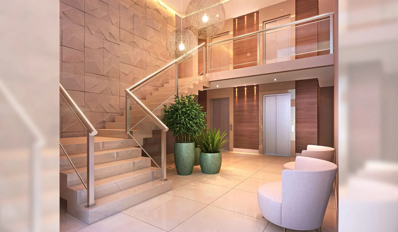 Paris Lago dos Patos || Condomínio de Alto Padrão na Vila Rosália ao lado do Lago dos Patos na Vila Galvão, entre a Avenida Francisco Conde e a Avenida Dr. Timóteo Penteado || Hall Social || Apartamentos de 45, 55 e 68 m² com 2 e living ampliado ou 3 dormitórios, suítes, varanda gourmet e 1 ou 2 vagas de garagem